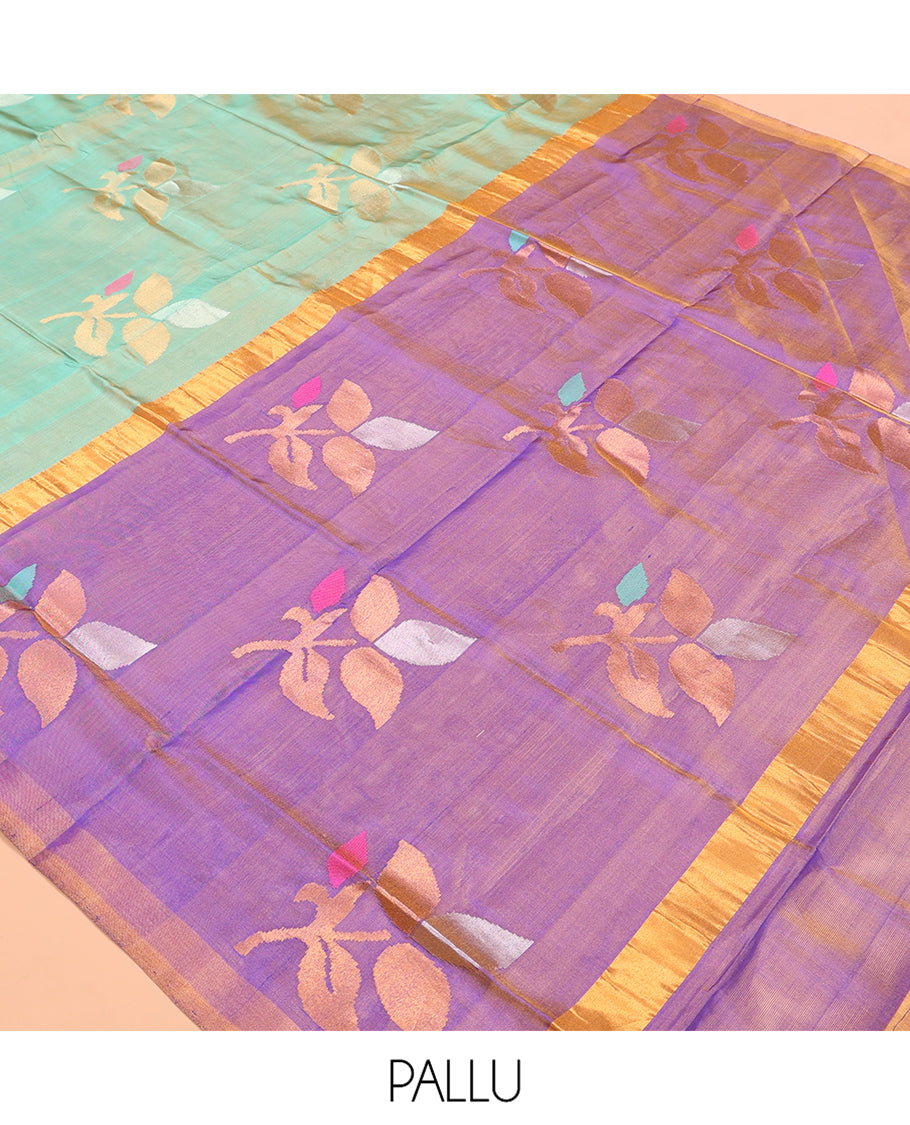 Green Uppada Silk Saree, Accentuated with Floral Vine Zari Buttas, a Zari Border, Complemented by Contrast Grand Pallu of Floral Buttas and a Contrast Blouse