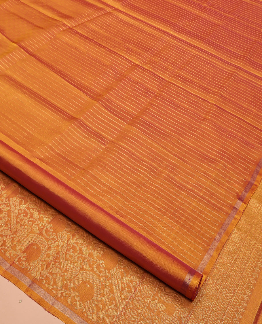 Orange Mayuri Lite Silk Mix Saree, Sparsely Sparkled with Muthu Stripes All Over Its Body, Subtle Zari Piping  Border, Pallu of Parrot Designs, and Paired with a Matching Blouse