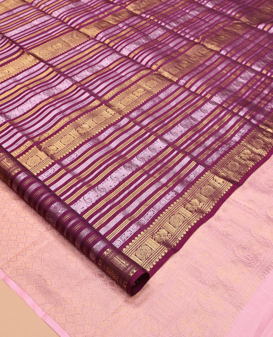 Purple Vasundhara Lite Silk Mix Saree, Adorned with Traditional Jacquard Design, a Zari Border of Thilakam Mokku, Neli, Chakram, and Mayil Designs, Contrast Jaal Pallu, and a Contrast Blouse