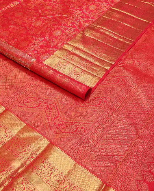 Red floral jacquard silk saree with self border of rekku, banaras, mayil kann, kathir design & zari design pallu