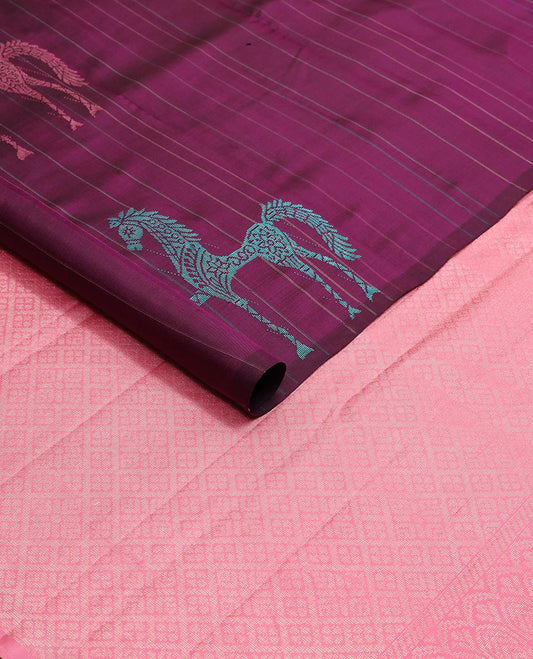Violet striped, horse design kancheepuram silk sareee with geometric design pallu