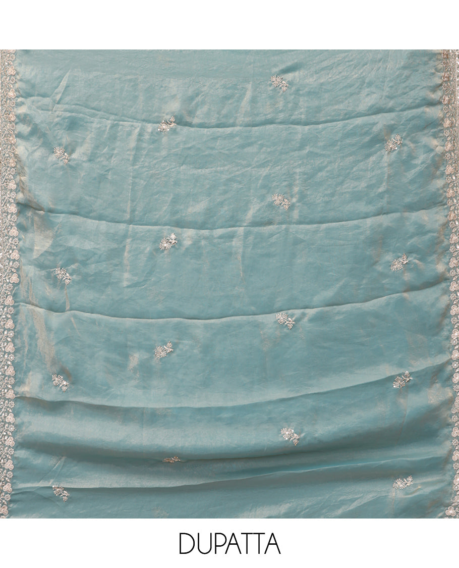 Steel Blue Fendy Organza Material Chudidar Set, Adorned with Neck Embroidered Top, a Santoon Bottom, and a Embroidered Dupatta