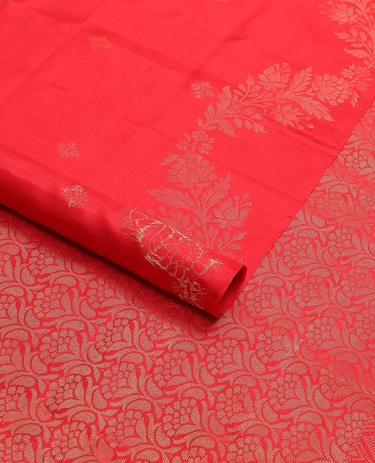 Red floral motifs mayuri soft silk saree with self zari design border & floral jaal design pallu
