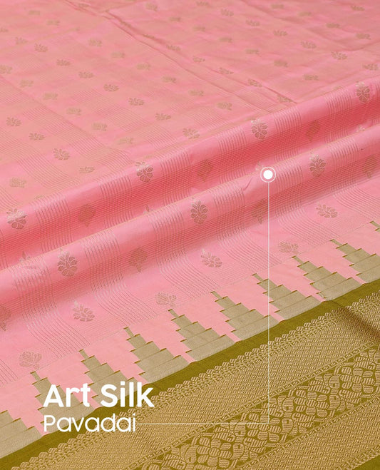 Pink Art Silk Pavadai Material Set, Bedecked with Zari Buttas Enclosed Checks All Over the Skirt, Complemented by a Contrast Temple Traditional Zari Design Border, and Paired with a Contrast Blouse