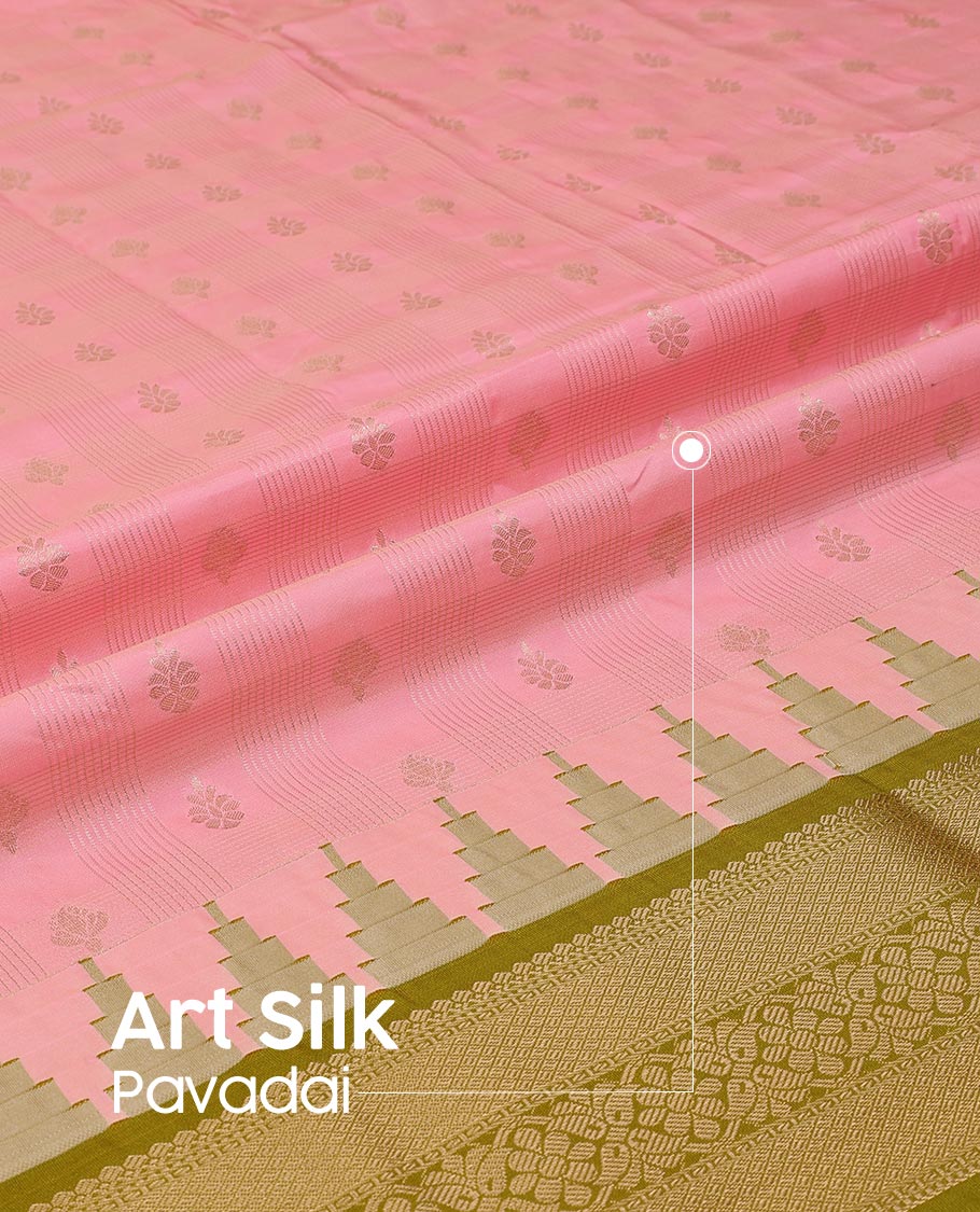 Pink Art Silk Pavadai Material Set, Bedecked with Zari Buttas Enclosed Checks All Over the Skirt, Complemented by a Contrast Temple Traditional Zari Design Border, and Paired with a Contrast Blouse