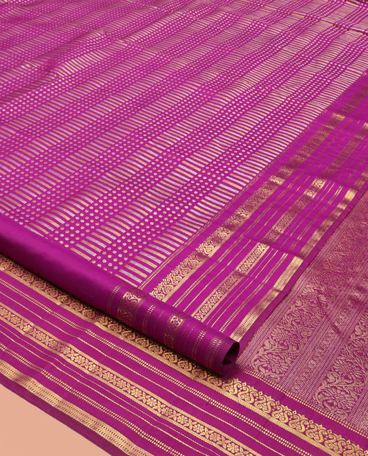 Purple Kanchipuram Designer Silk Saree, Steeped in Richness of Zari Buttas, Zari Border of Muthu, Banaras, and Cross Kamalam Design, Grand Pallu, and a Matching Blouse