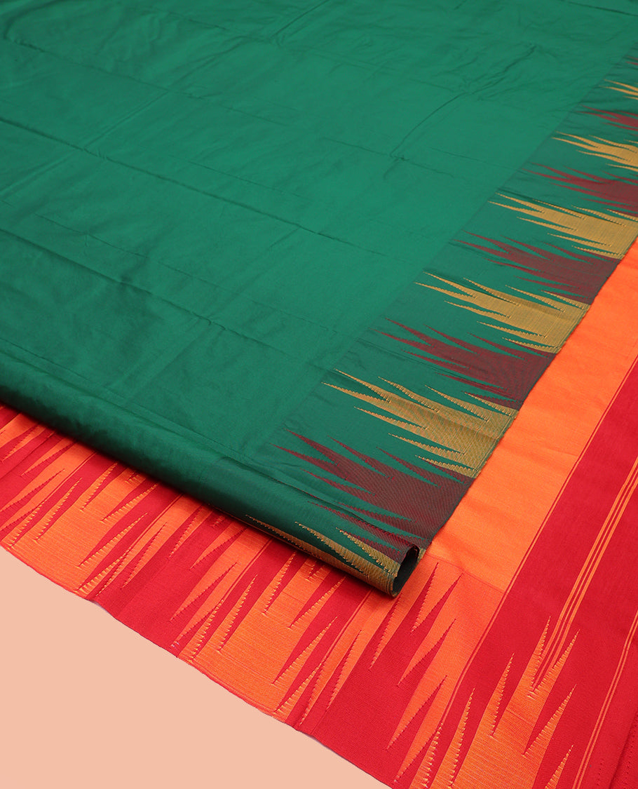 Green Plain Bangalore Silk Saree, Complemented by a Contrast Temple Border, Striped Pallu, and Contrast Blouse