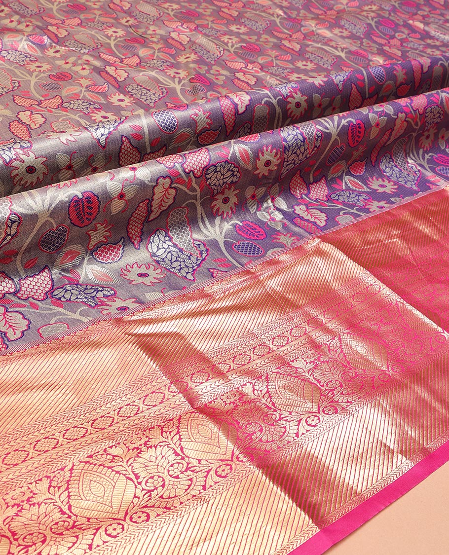 Violet Art Silk Half-Saree, Delicately Woven with Floral Jacquard Design, Contrast Traditional Zari Border, Paired with a Contrast Jacquard Blouse, and an Intricate Dhavani