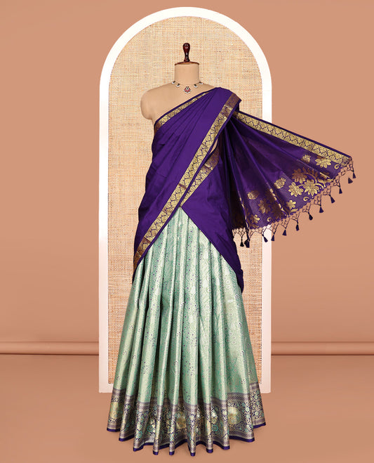 Green Art Silk Half-Saree, Richly Detailed with Jacquard Design, Contrast Intricate Motif Border, Paired with a Contrast Jacquard Blouse, and an Intricate Dhavani