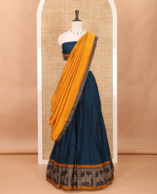 Blue with mustard mercedised cotton half-saree, contrast elephant zari border skirt, matching blouse & one side border georgette dhavani