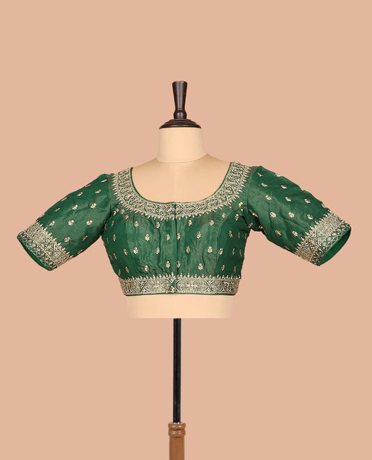 Green thread embroidered front-and-back round elbow-sleeve readymade blouse