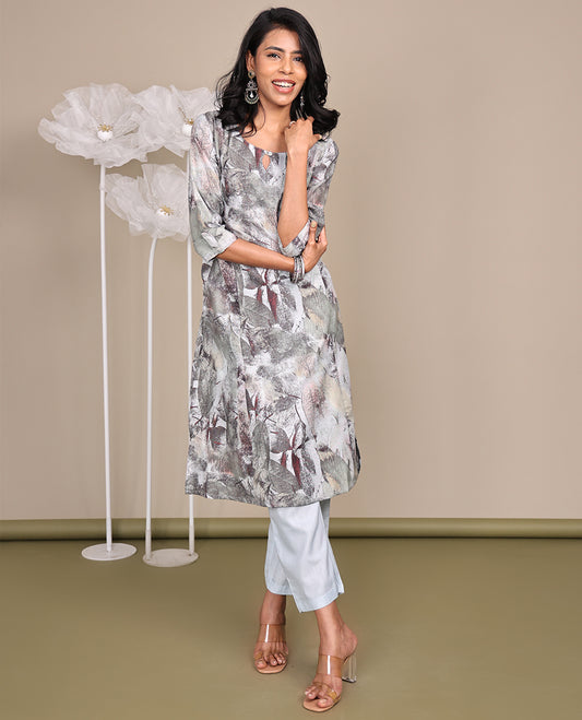 Grey Cotton Ready-Made Suit, Featuring Abstract Prints, a Round Boat Neckline, 3/4 Sleeves, and a Straight-Cut Top, Paired with Straight-Cut Pants