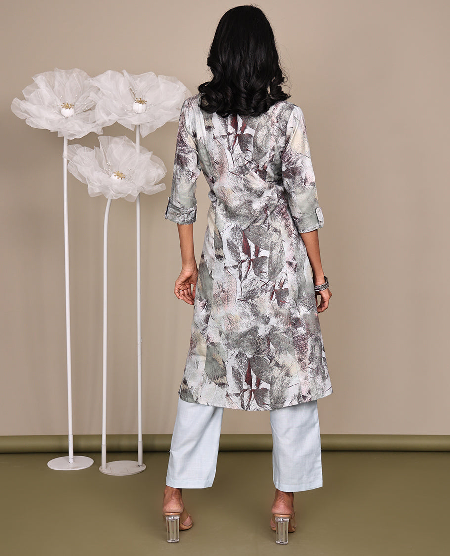 Grey Cotton Ready-Made Suit, Featuring Abstract Prints, a Round Boat Neckline, 3/4 Sleeves, and a Straight-Cut Top, Paired with Straight-Cut Pants