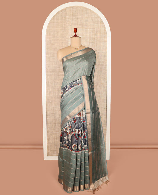 Green zig-zag striped woven with elephant motifs printed tussar silk saree, zari border, and self-pallu