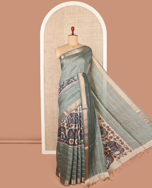 Green zig-zag striped woven with elephant motifs printed tussar silk saree, zari border, and self-pallu