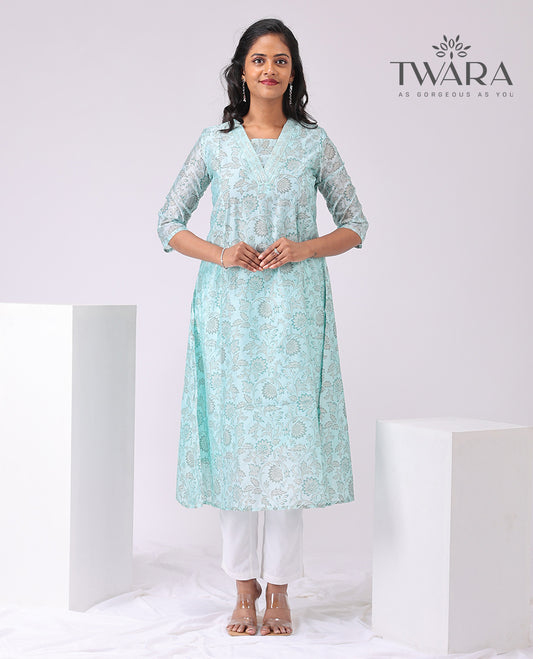 Twara Light Blue floral printed v neck, knee length , elbow sleeve kurti