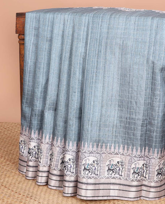 Green  checked semi-banaras tussar saree with contrast jacquard border & striped pallu
