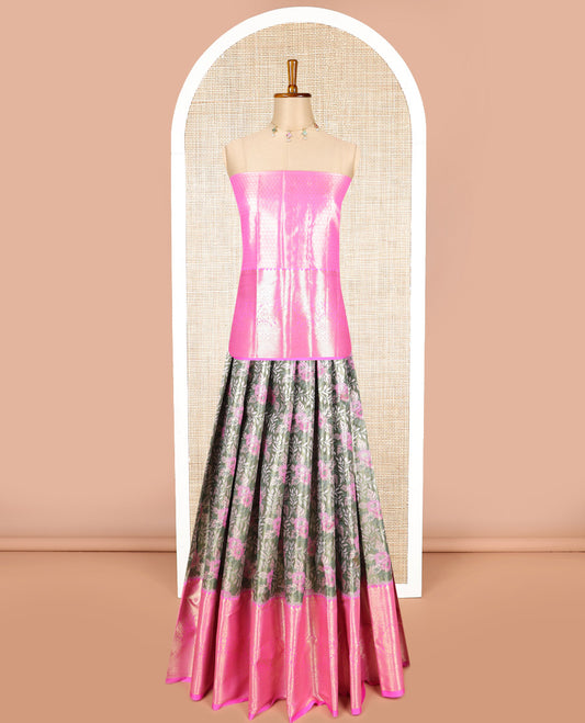 Dark green floral jacquard design art silk half saree with contrast intricate zari design border, zari design blouse & floral design dhavani