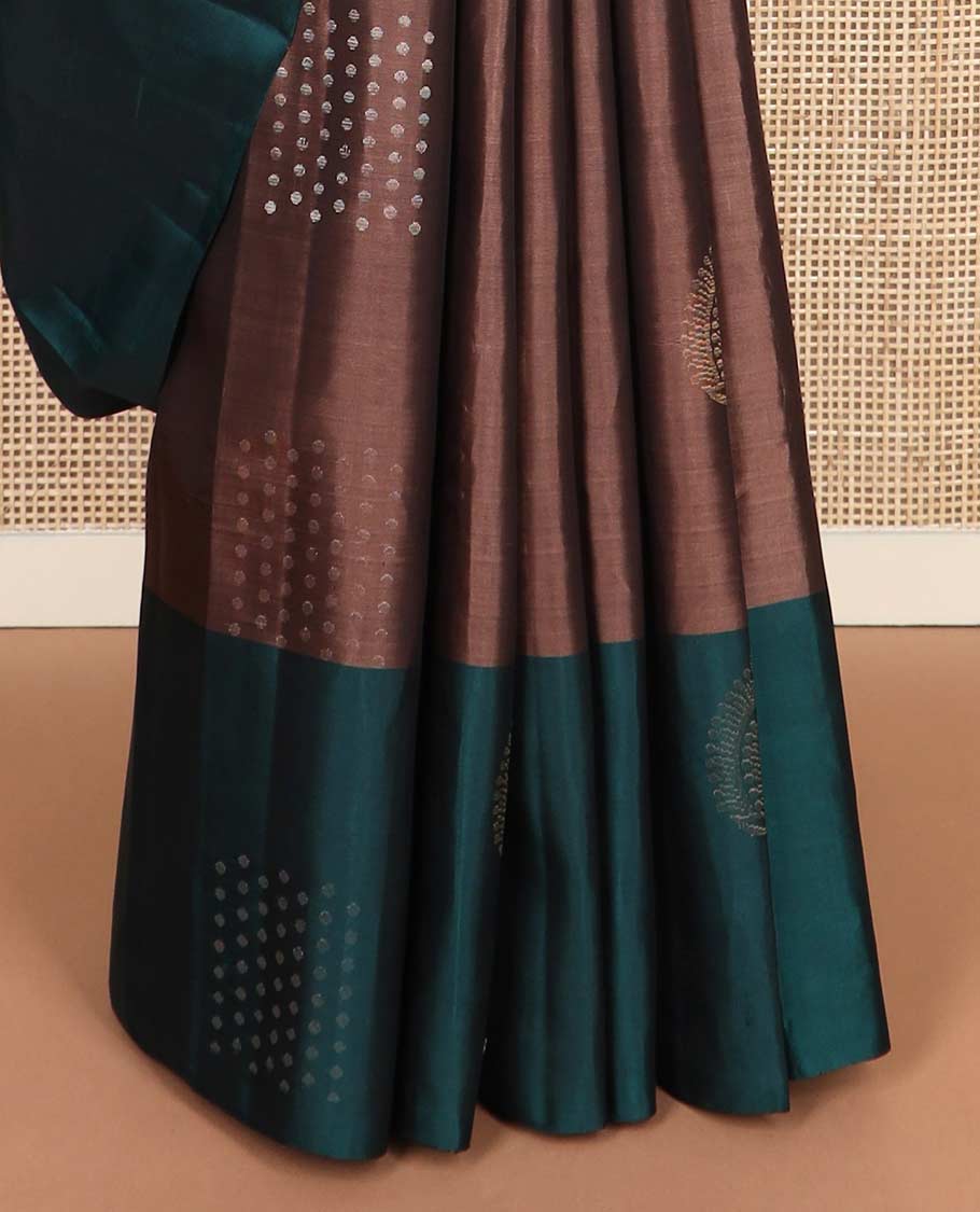 Brown zari buttas silk mix saree, contrast zari design border & pallu of geometric designs