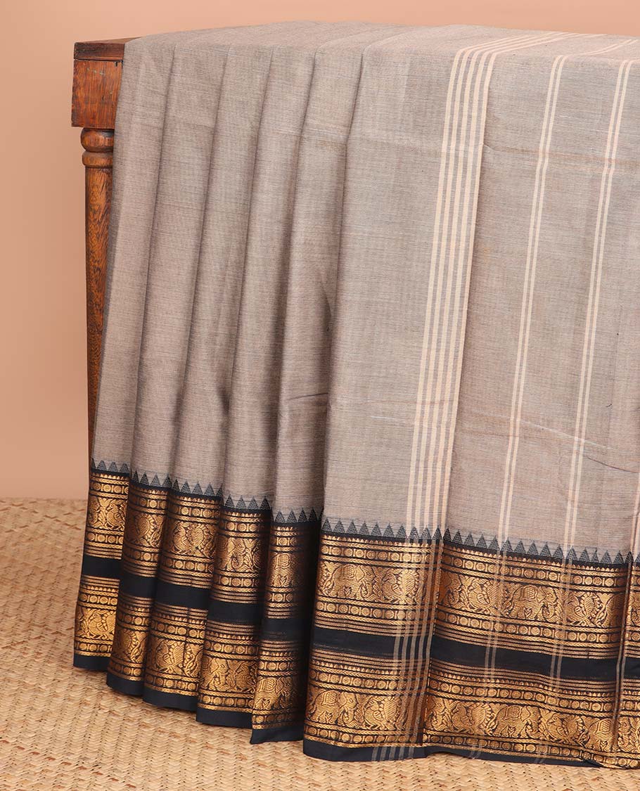 Grey chettinad cotton saree with contrast rettai pettu annama elephant design border