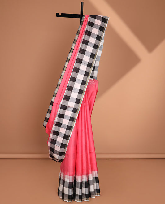 Pink plain design soft silk saree, contrast multi-colored checked design border & pallu
