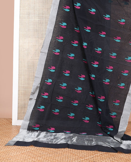 Black parrot design chanderi cotton saree with self zari border & striped pallu