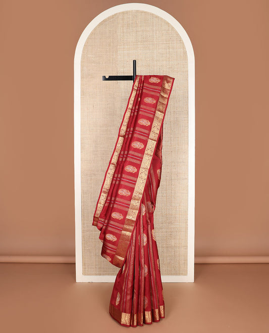Red manga zari buttas vasundhara silk mix saree, intricate pallu & border of salngai, neli & mayil enclosed manga