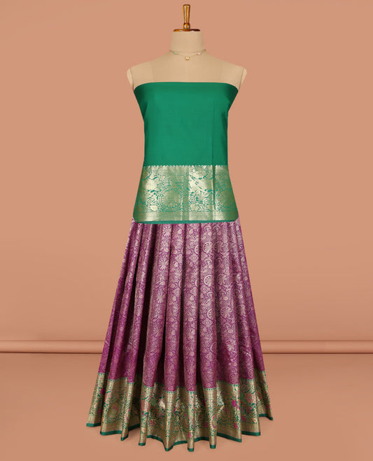 Purple Art Silk Pavadai Material, Highlighted by Jacquard Design, Contrast Floral-Bird Zari Design Border, and a Contrast Blouse