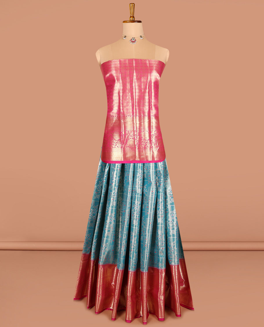 Peacock blue art silk half saree material , jacquard with contrast traditional zari bordered skirt, contrast jacquard blouse, and paisley jaal dhavani
