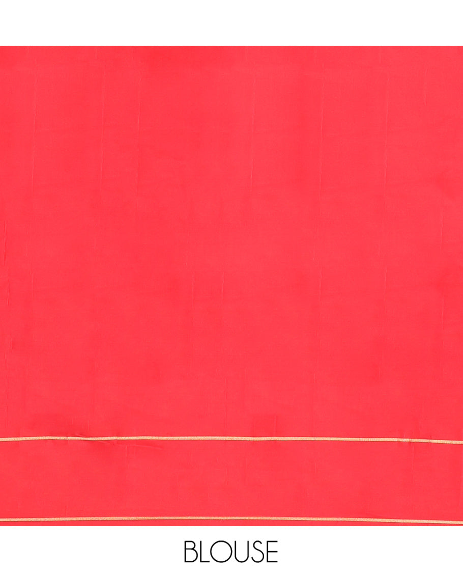 Red Vasundhara Lite Silk Saree, Subtly Sparkled with Paisa Zari Buttas Across Its Body, Highlighted Zari Border of Horizontal Stripes, Gleaming Pallu of Seppu Rekku Designs, and Paired with a Matching Blouse