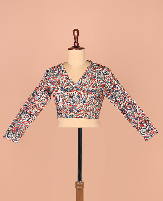 Multi-Color Readymade Blouse Meticulously Printed with Floral-Paisley Vine, Featuring a Front V-Neck, a Back Closed Neck, and Full Sleeves