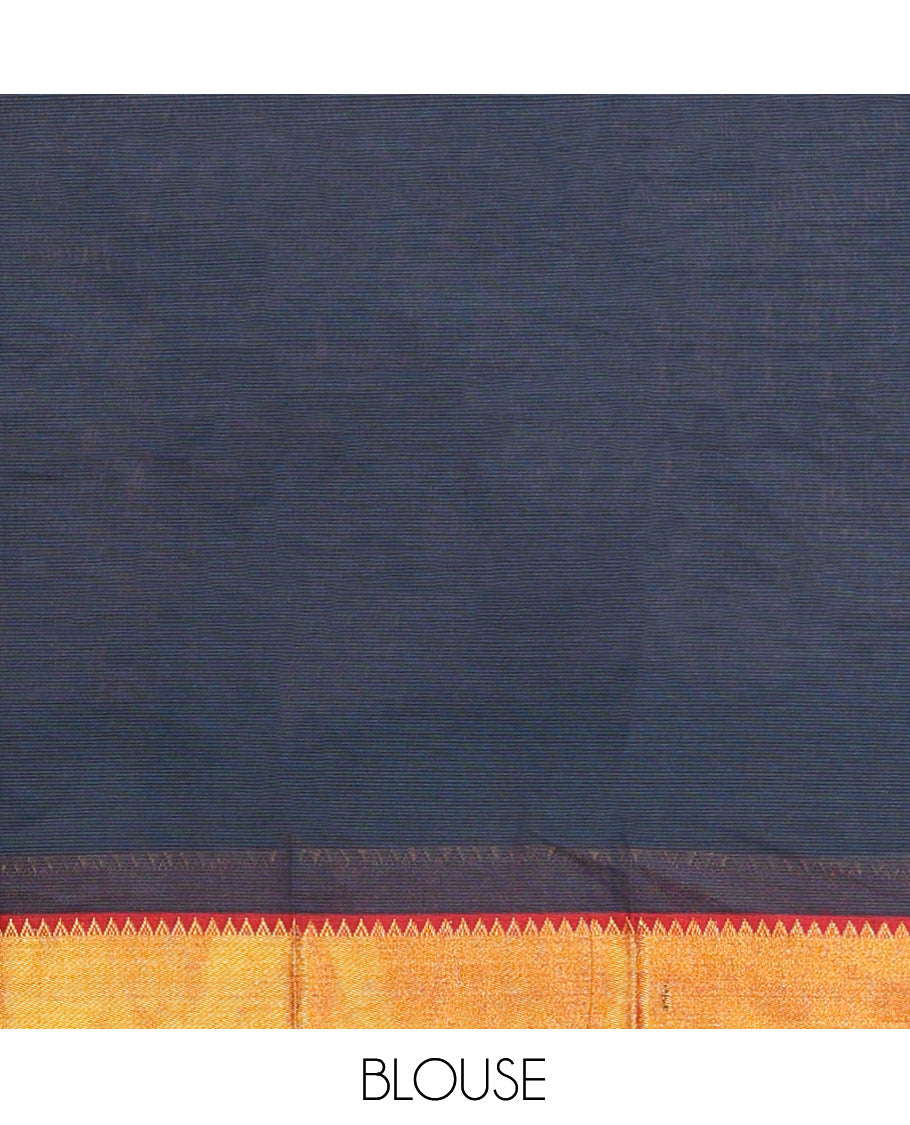 Black Cotton Half-Saree Features Plain Skirt, a Contrast Temple Zari Border, a Matching Blouse, and a Contrast Dhavani