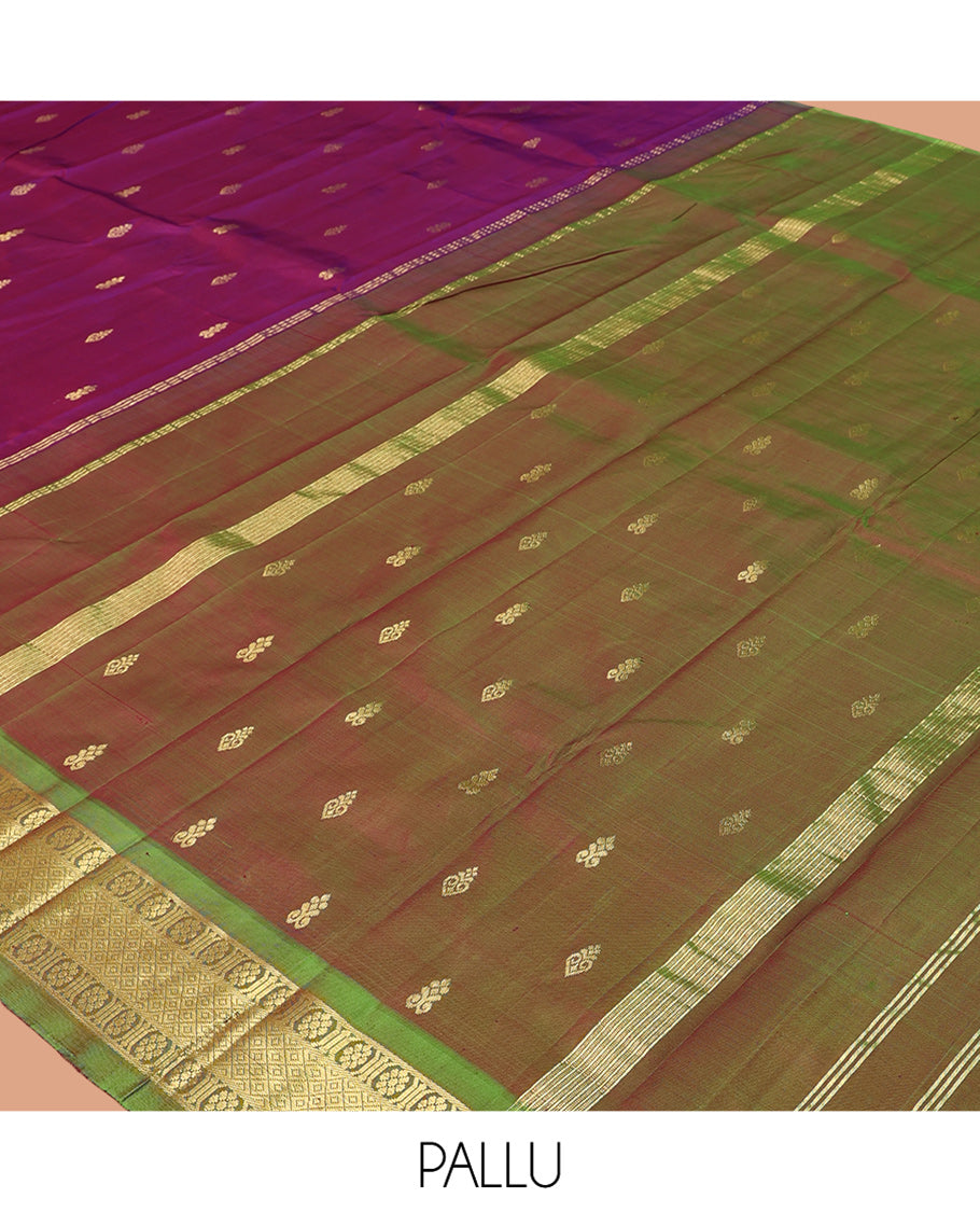 Purple Kanchipuram Silk Saree, Delicately Woven with Zari Buttas, Complemented by a Contrast Border of Kamalam and Mayil Kann Design, Pallu of Zari Design, and No Blouse