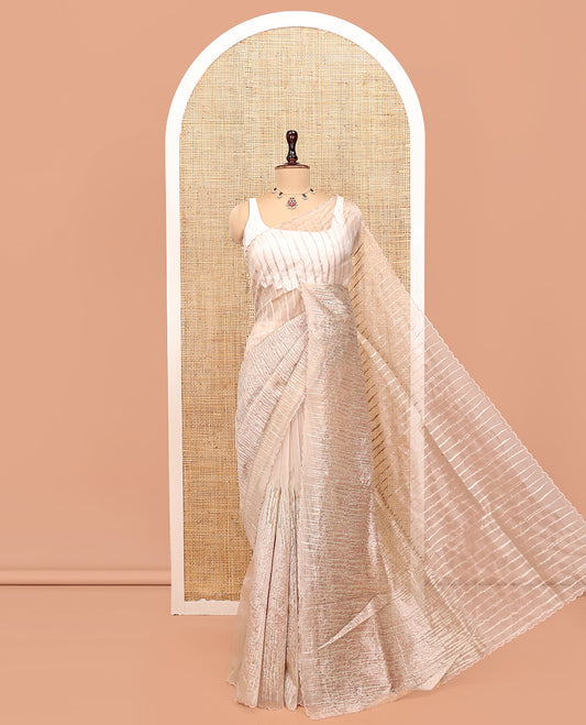 Champagne Organza Saree, Meticulously Crafted with Vine Embroidery, Scallop Embroidery Border, and a Matching Blouse