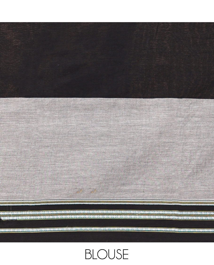 Black Plain Narayanpet Cotton Saree, Complemented by a Contrast Ganga-Jamuna Thread Border, Pallu of Stripes and Buttas, and a Matching Blouse