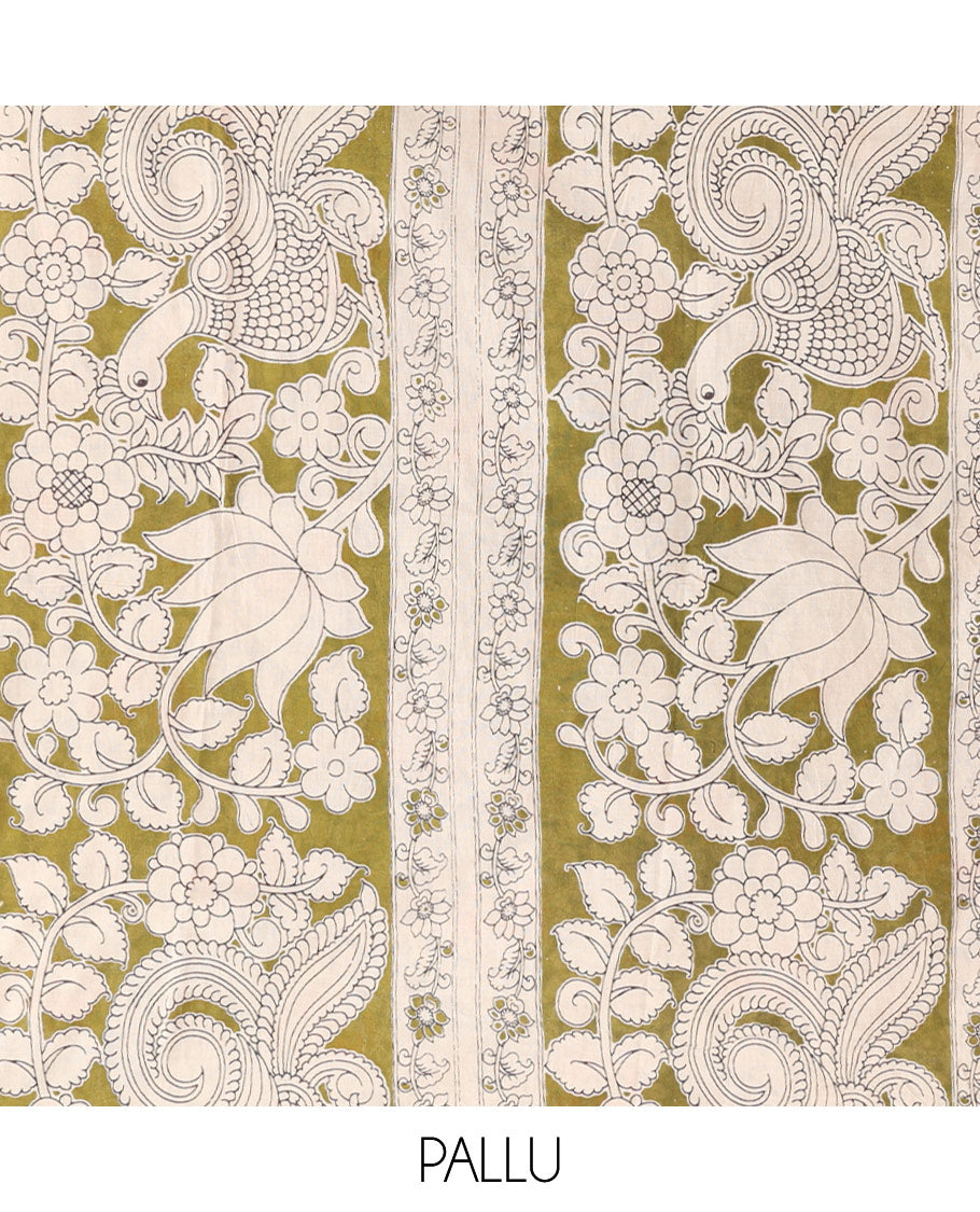 Blue Kalamkari Cotton Saree, Decked Up with Floral Vine Print, Contrast Printed Border, Pallu of Kalamkari Floral-Peacock Motifs, and a Contrast Blouse