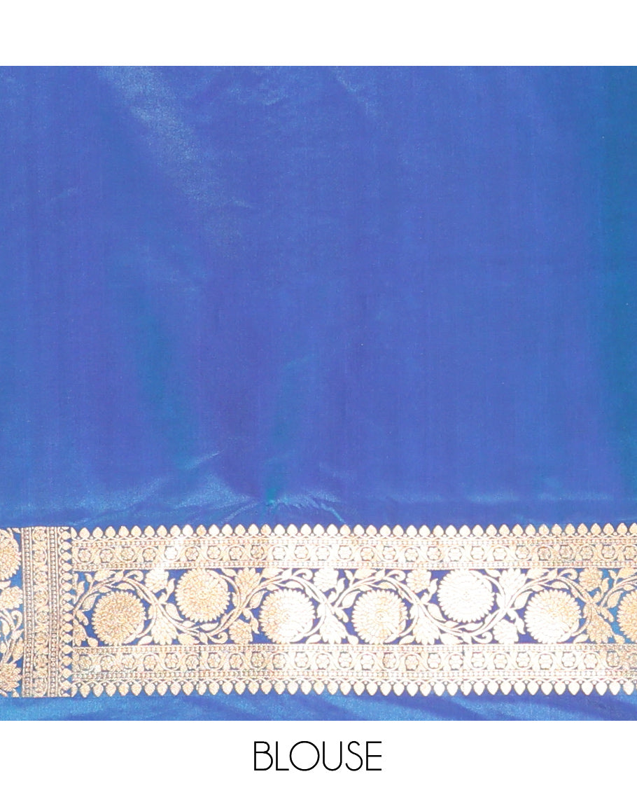 Blue Banarasi Nylon Saree, Ornamented with Floral Jacquard, Contrast Floral Creeper Zari Border, Intricate Pallu, and a Contrast Blouse