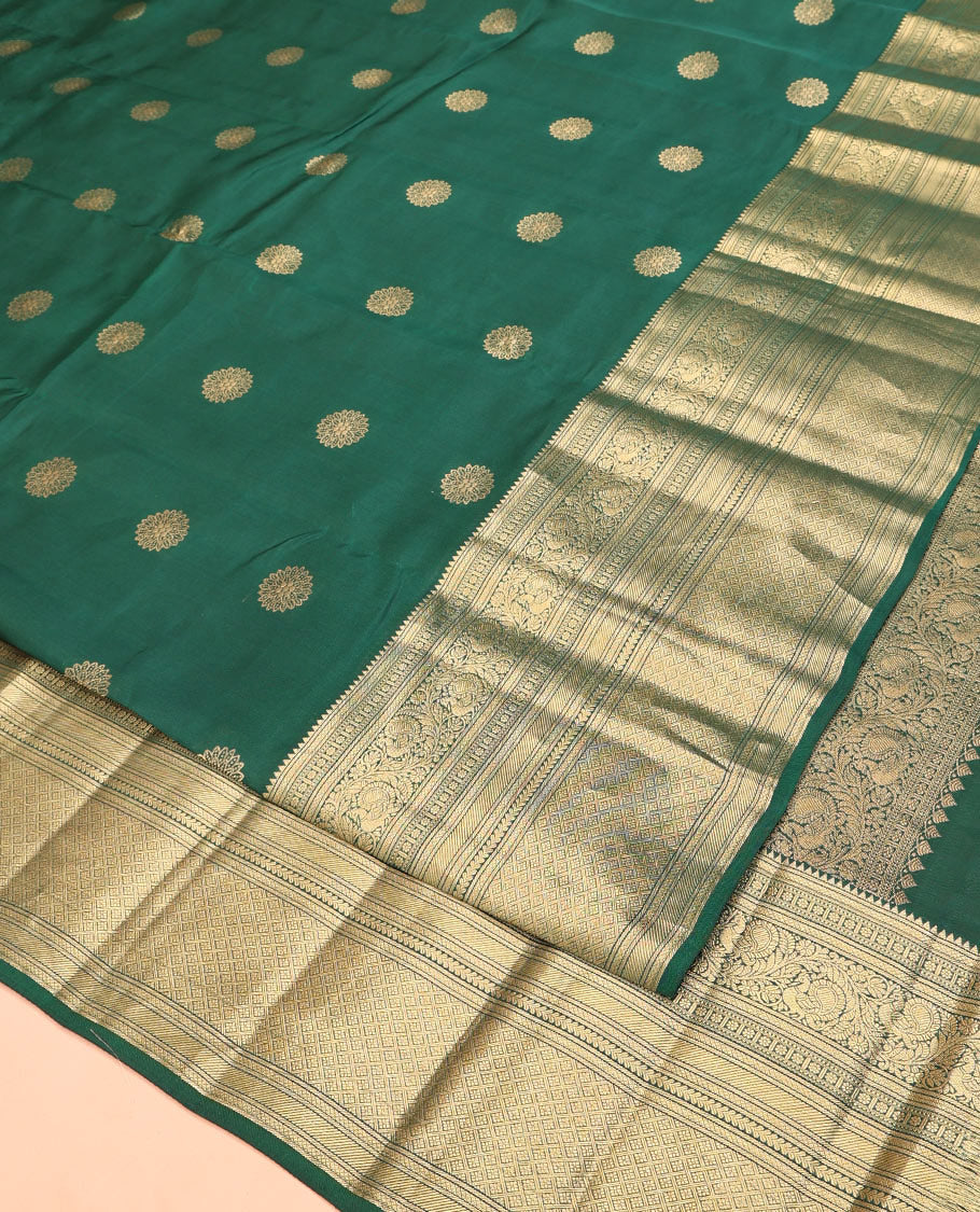 Green Vasundhara Lite Silk Mix Saree, Spotlighted with Zari Buttas On Its Body, Highlighted by Zari Border of Rekku, Kamalam, Mayil, and Jaal Designs, Intricate Pallu and Paired with a Matching Blouse