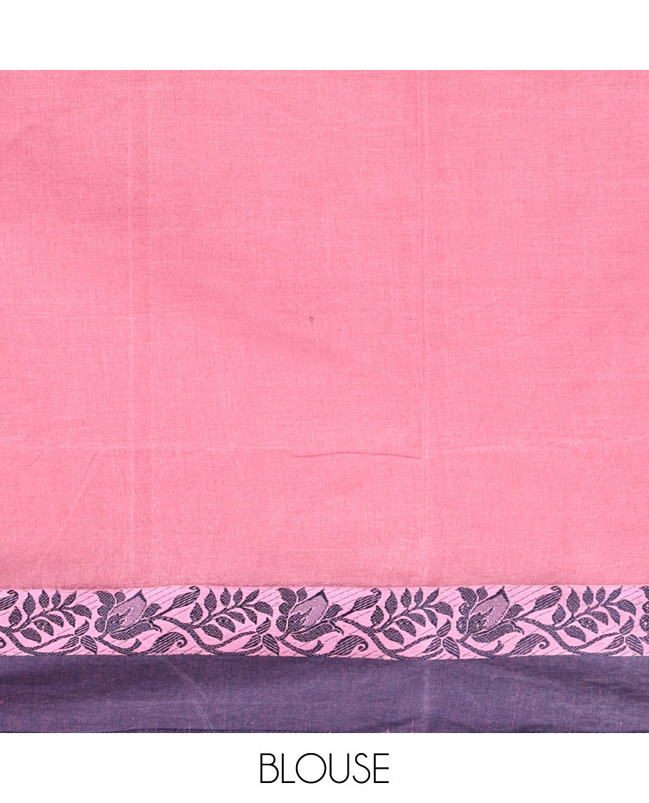 Pink Bengal Cotton Saree, Sparsely Woven with Buttas on Its Body, Complemented by a Contrast Floral Creeper Design Border, Pallu of Stripes and Buttas, and Paired with a Matching Blouse