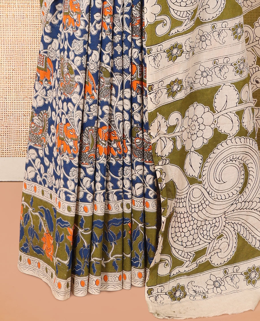Blue Kalamkari Cotton Saree, Decked Up with Floral Vine Print, Contrast Printed Border, Pallu of Kalamkari Floral-Peacock Motifs, and a Contrast Blouse