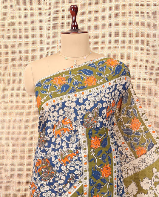 Blue Kalamkari Cotton Saree, Decked Up with Floral Vine Print, Contrast Printed Border, Pallu of Kalamkari Floral-Peacock Motifs, and a Contrast Blouse