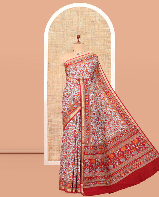 Off-White Base Printed Silk Saree, Bedecked with Floral Vine Print, a Contrast Zari Border, Floral Printed Pallu, and a Contrast Blouse