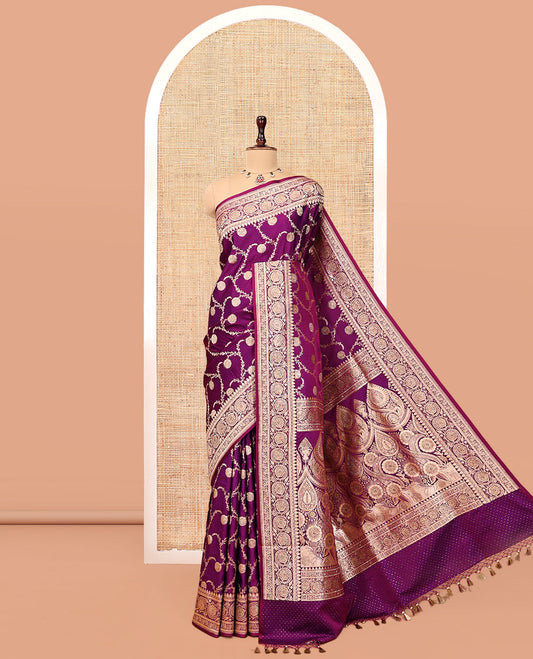 Purple Banarasi Satin Saree, Decorated with Floral Jaal Jacquard, a Floral Creeper Border, Intricate Stonework Pallu, and a Matching Blouse