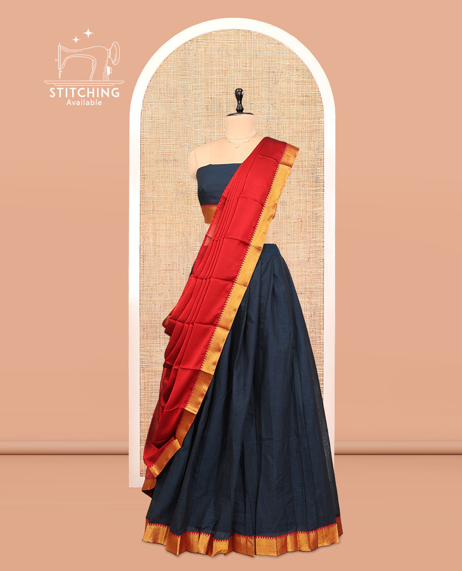 Black Cotton Half-Saree Features Plain Skirt, a Contrast Temple Zari Border, a Matching Blouse, and a Contrast Dhavani