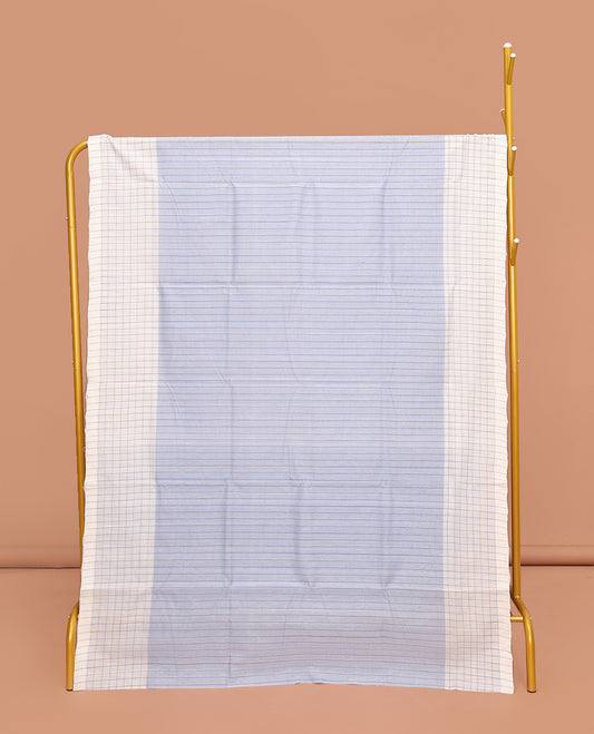 Blue Striped Mangalgiri Cotton Saree, Complemented by Contrast Checked Border, Contrast Pallu and Paired with a Contrast Blouse