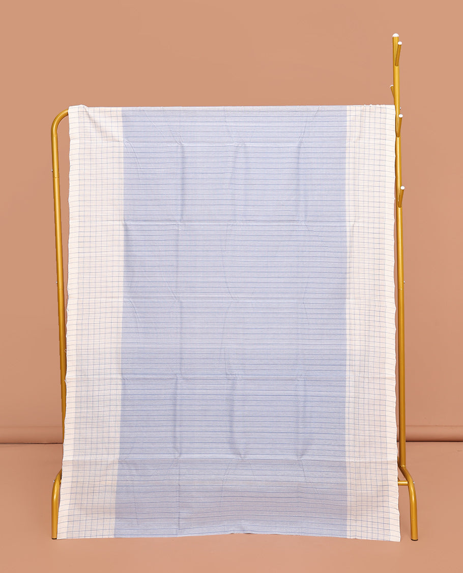 Blue Striped Mangalgiri Cotton Saree, Complemented by Contrast Checked Border, Contrast Pallu and Paired with a Contrast Blouse