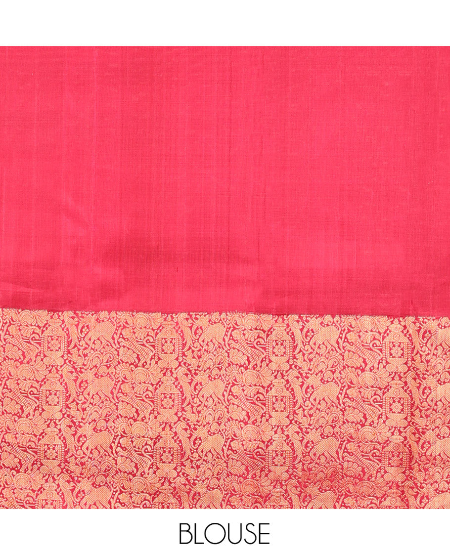 Green Kanchipuram Designer Silk Saree, Entralled with Chakram Buttas All Over Its Body, Complemented by Contrast Historically Woven Border of Yaali and Yaanai Designs, Grand Jaal Pallu and Paired with a Contrast Blouse