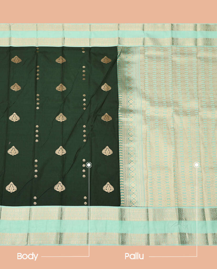 Green Budget Silk Saree, Ornamented With Zari Buttas All Over Its Body, Complemented by Contrast Rettai Pettu Border of Traditional Zari Designs, Sparsely Woven Pallu, and Paired with a Contrast Blouse