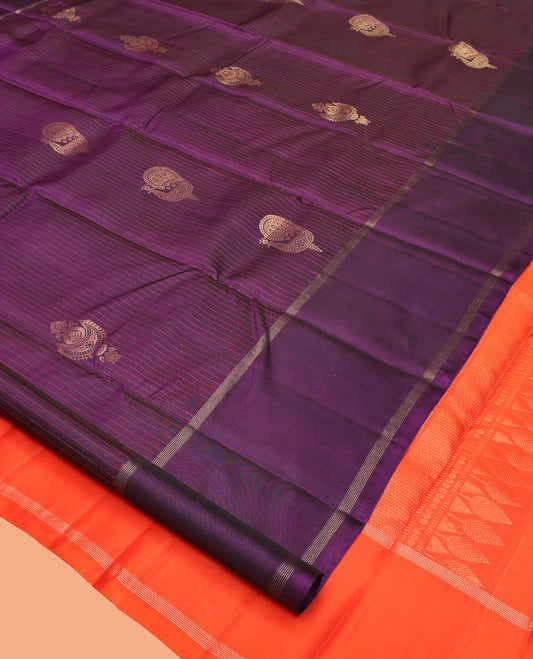 Purple Kanchipuram Silk Saree, Decorated with Stripes and Zari Buttas, a Bodi Border, Contrast Grand Jaal Pallu, and a Contrast Blouse
