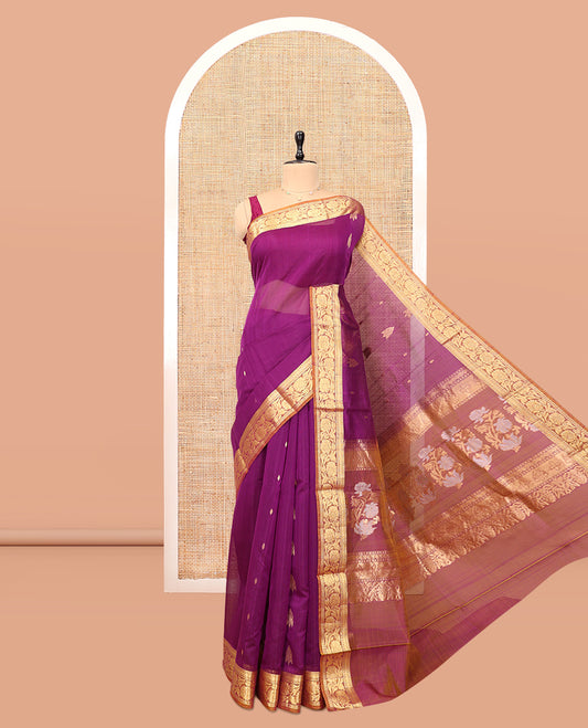 Pink Silk Cotton Saree, Delicately Woven with Zari Buttas, a Contrast Floral Creeper Border, Floral Pallu, and a Contrast Blouse